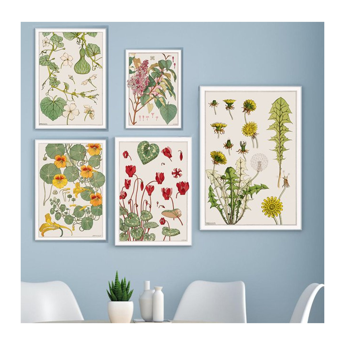 Potdemiel Wandkunst Leinwandgemälde im Vintage-Stil mit floralen und abstrakten Illustrationen, mehrfarbig, Hochformat - Bild 1