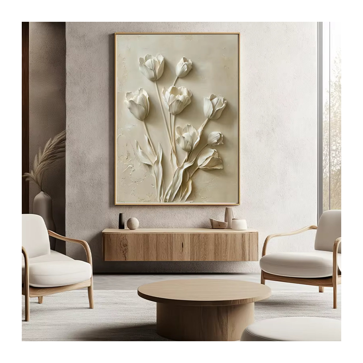Potdemiel Wandkunst Modernes Relief Weiße Tulpe Rechteckiges Strukturiertes Blumengemälde zur Wandmontage - Bild 1