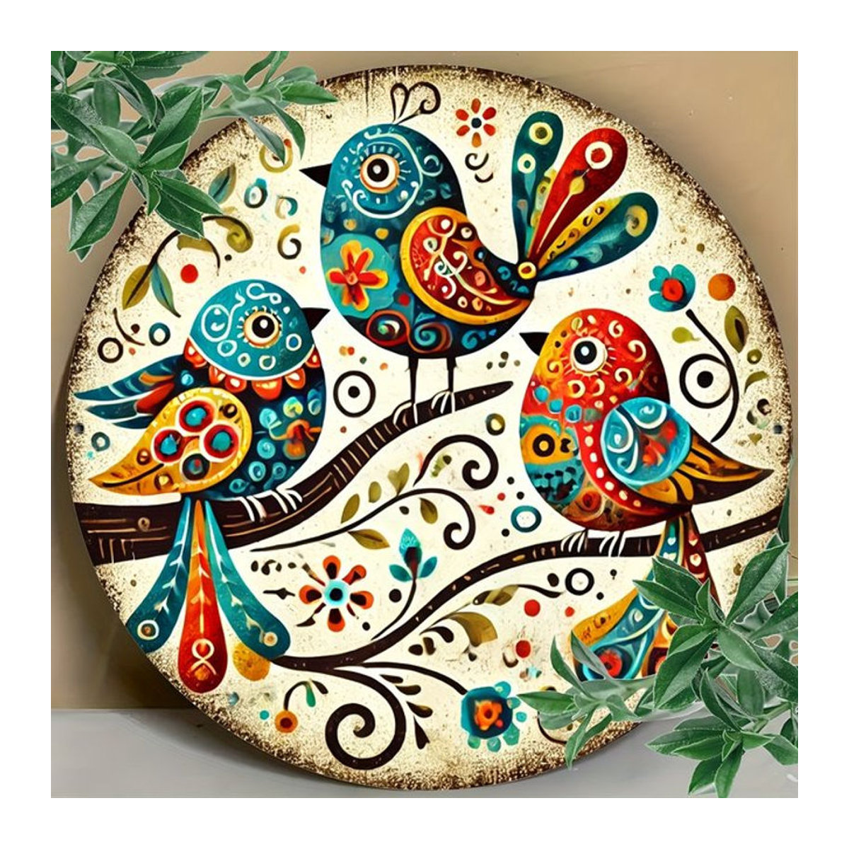 Potdemiel Wandkunst Vogel-Trio aus Metall, Rundes Eisen-Schild mit Blumen-Motiv in Mehrfarbig, Durchmesser: 20,3 cm - Bild 1