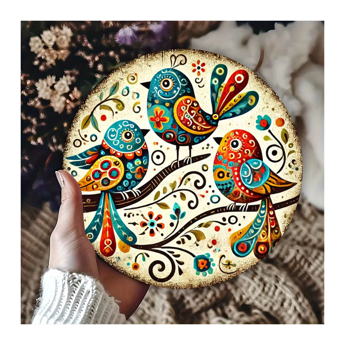 Potdemiel Wandkunst Vogel-Trio aus Metall, Rundes Eisen-Schild mit Blumen-Motiv in Mehrfarbig, Durchmesser: 20,3 cm - Bild 2