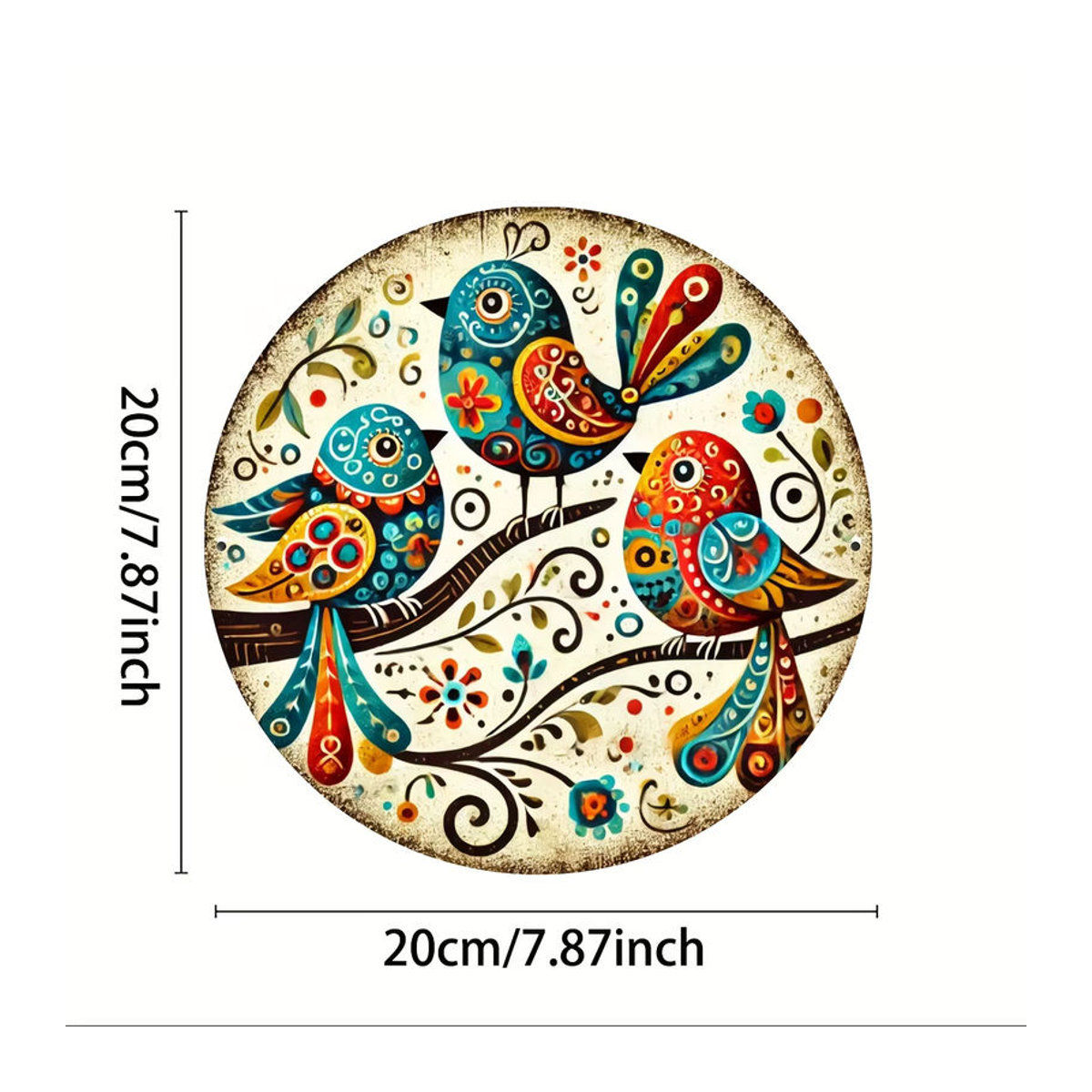 Potdemiel Wandkunst Vogel-Trio aus Metall, Rundes Eisen-Schild mit Blumen-Motiv in Mehrfarbig, Durchmesser: 20,3 cm - Bild 3