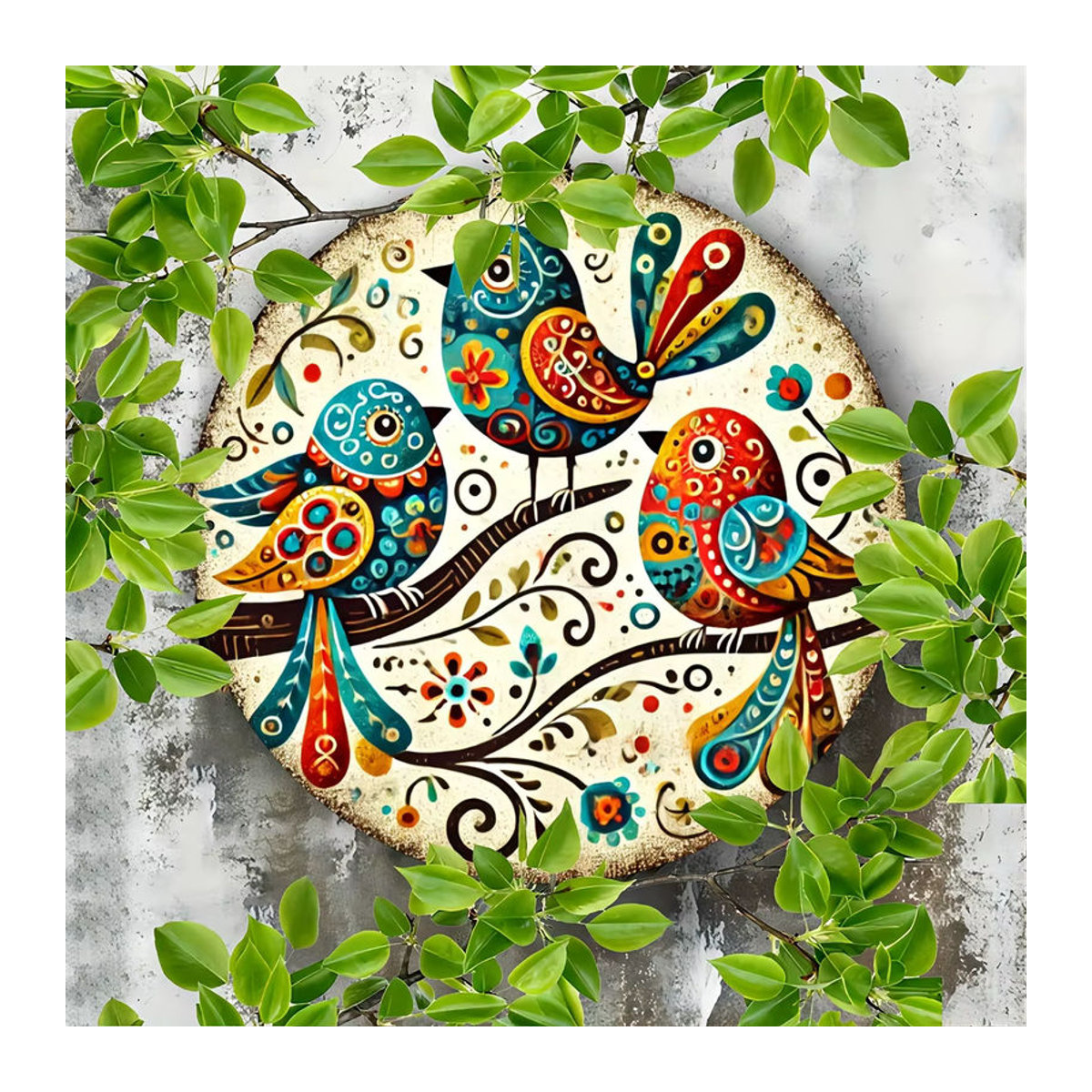 Potdemiel Wandkunst Vogel-Trio aus Metall, Rundes Eisen-Schild mit Blumen-Motiv in Mehrfarbig, Durchmesser: 20,3 cm - Bild 4