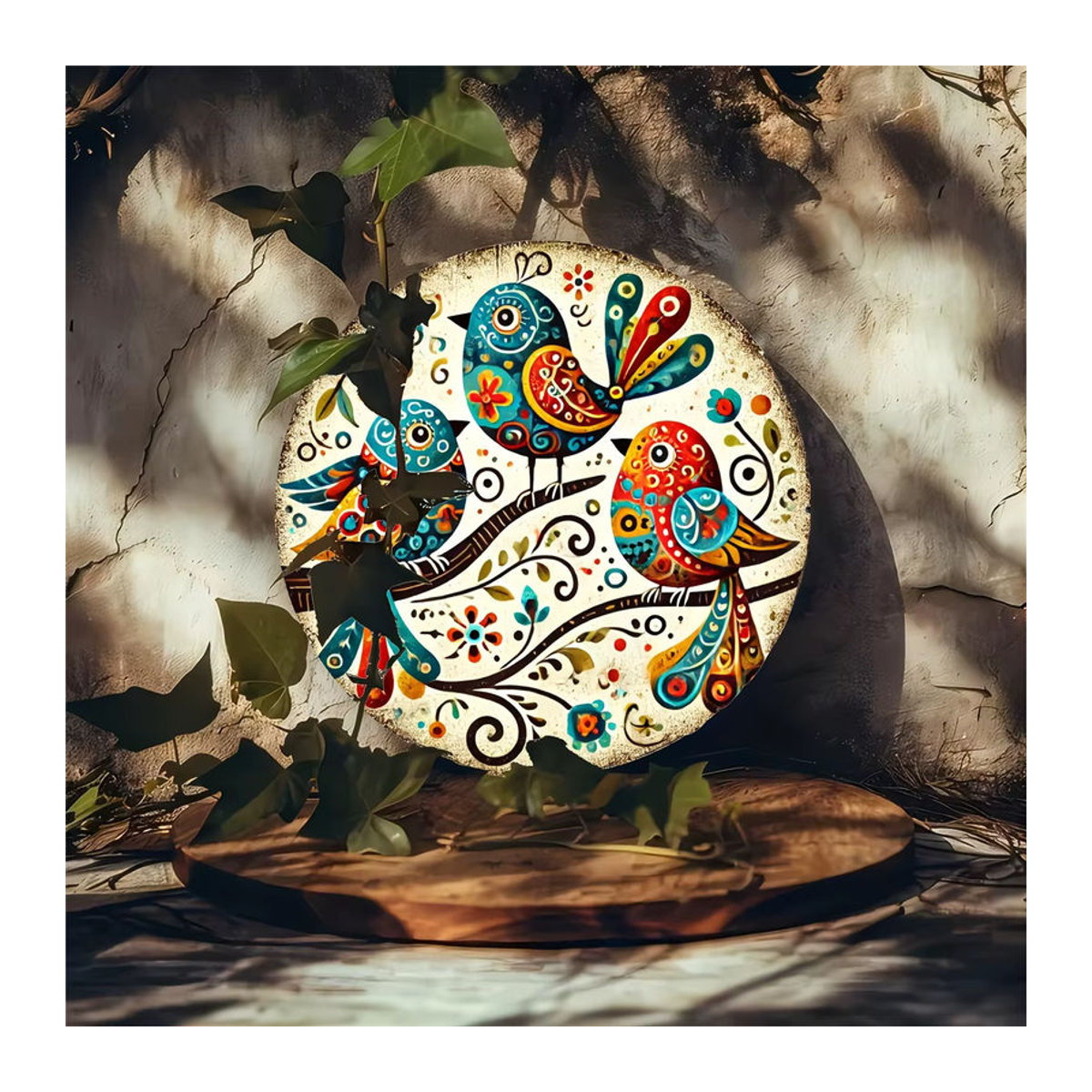 Potdemiel Wandkunst Vogel-Trio aus Metall, Rundes Eisen-Schild mit Blumen-Motiv in Mehrfarbig, Durchmesser: 20,3 cm - Bild 6