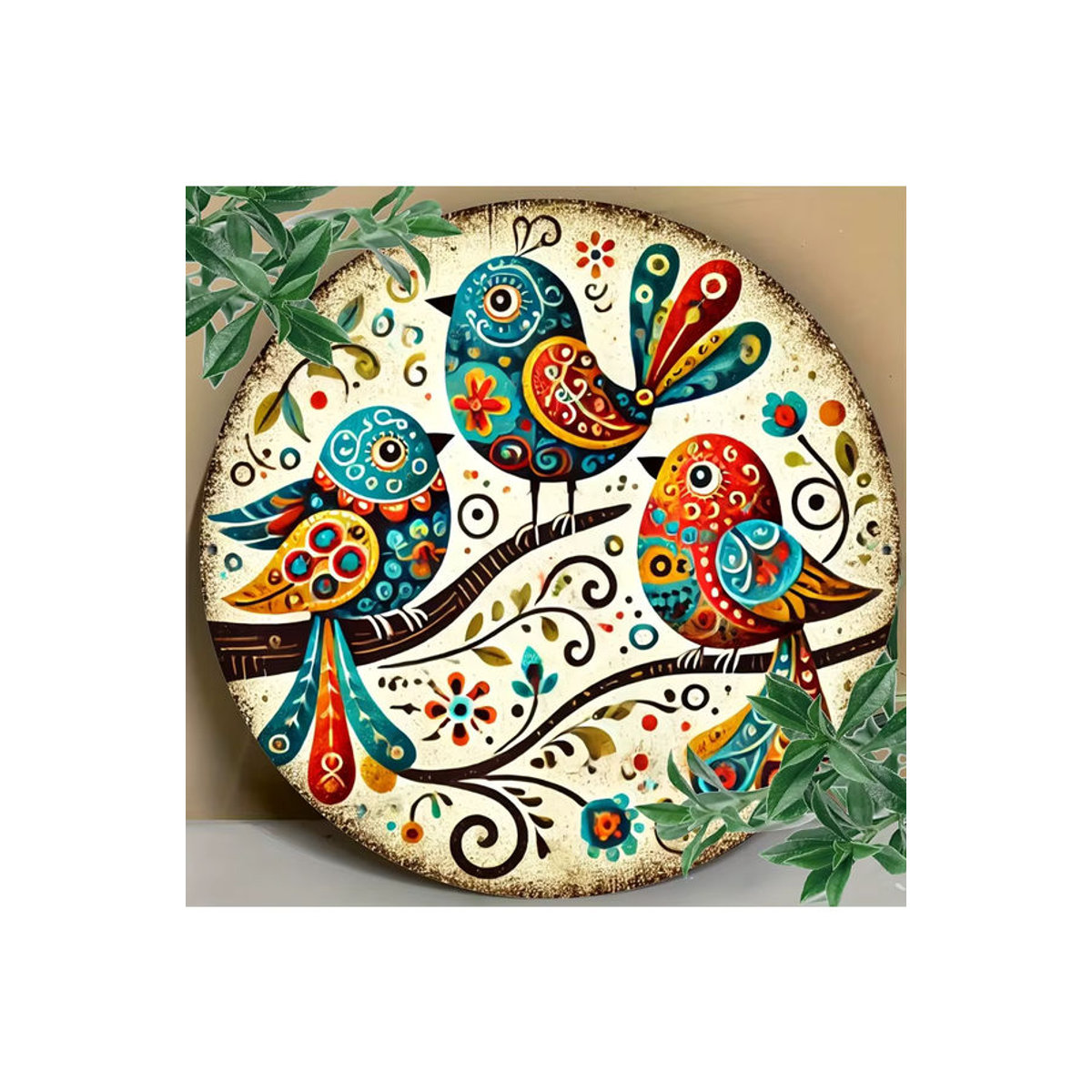 Potdemiel Wandkunst Vogel-Trio aus Metall, Rundes Eisen-Schild mit Blumen-Motiv in Mehrfarbig, Durchmesser: 20,3 cm - Bild 7