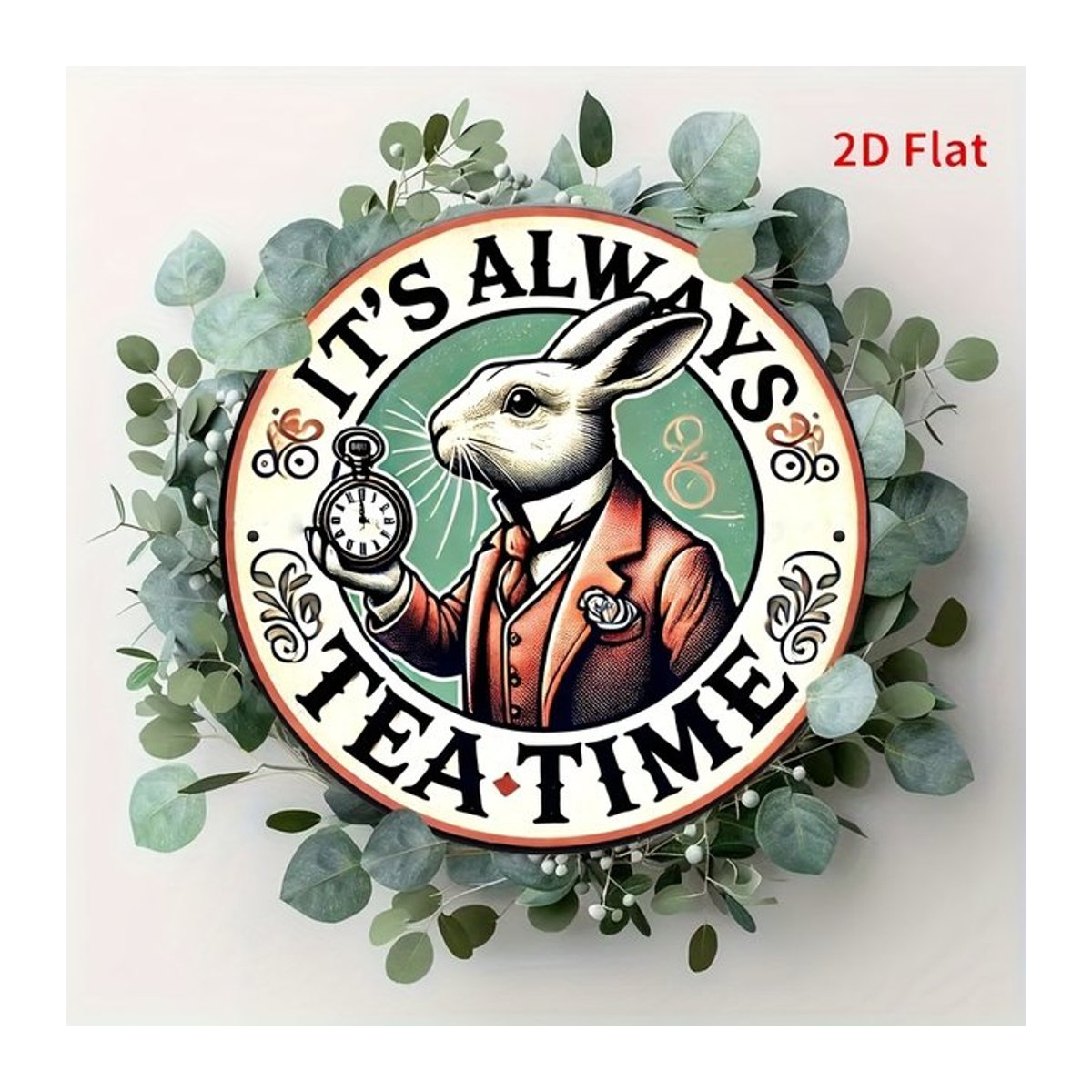 Potdemiel Wandkunstschild aus Metall im Vintage-Stil It's Always Tea Time mit Kaninchen und Uhr, mehrfarbig, B/B: 20,3 x 20,3 cm - Bild 1