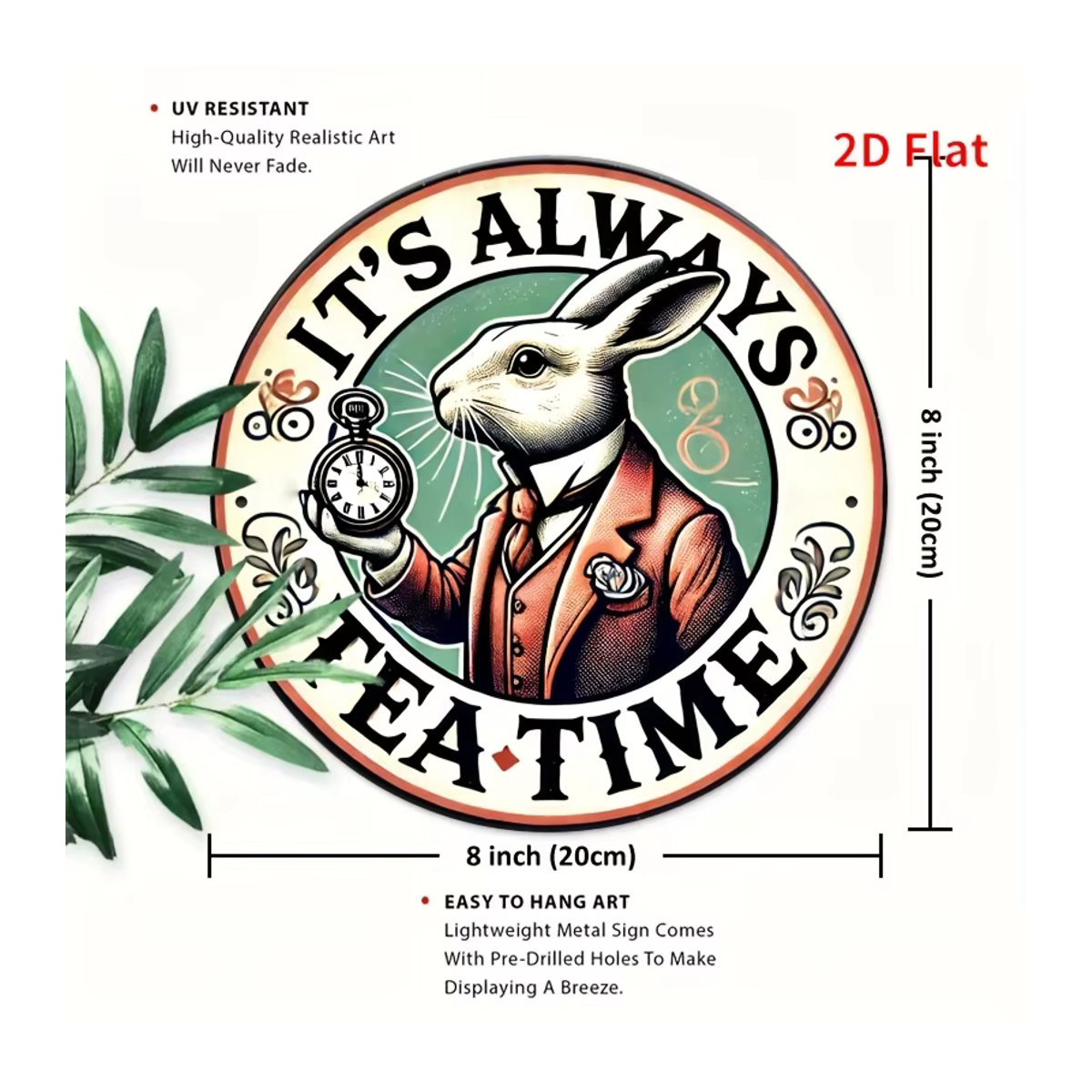 Potdemiel Wandkunstschild aus Metall im Vintage-Stil It's Always Tea Time mit Kaninchen und Uhr, mehrfarbig, B/B: 20,3 x 20,3 cm - Bild 2