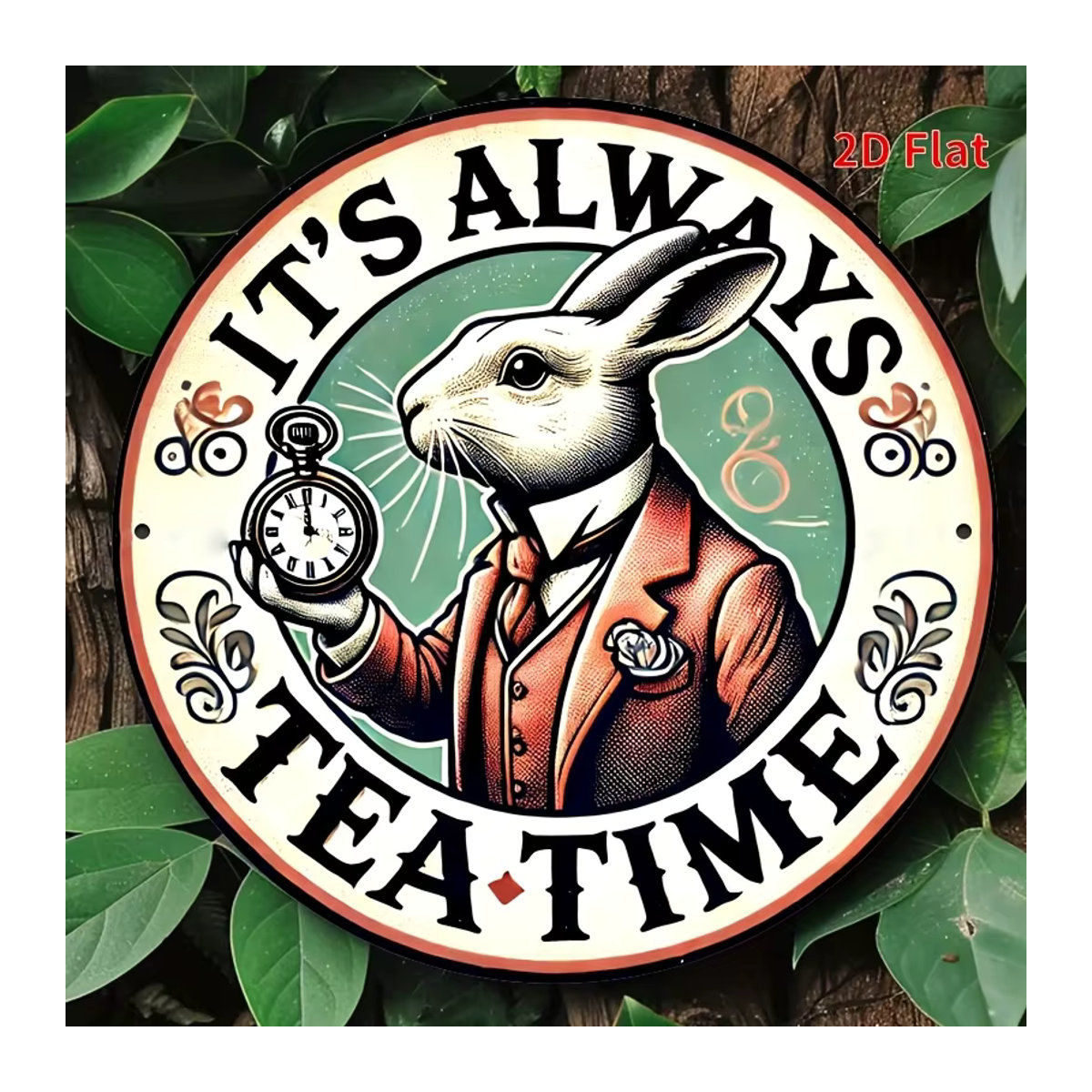 Potdemiel Wandkunstschild aus Metall im Vintage-Stil It's Always Tea Time mit Kaninchen und Uhr, mehrfarbig, B/B: 20,3 x 20,3 cm - Bild 3