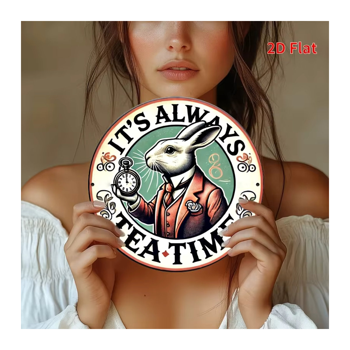 Potdemiel Wandkunstschild aus Metall im Vintage-Stil It's Always Tea Time mit Kaninchen und Uhr, mehrfarbig, B/B: 20,3 x 20,3 cm - Bild 5