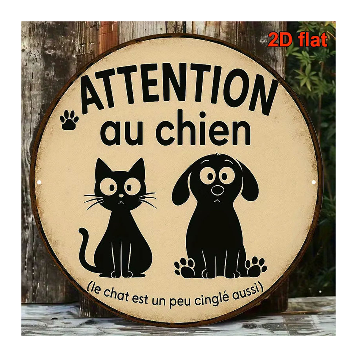 Potdemiel Warnschild Attention Au Chien in Beige, rundes Vintage Haustier-Alarmschild aus Metall mit Pfotenabdrücken, Durchmesser: 20,3 cm - Bild 3