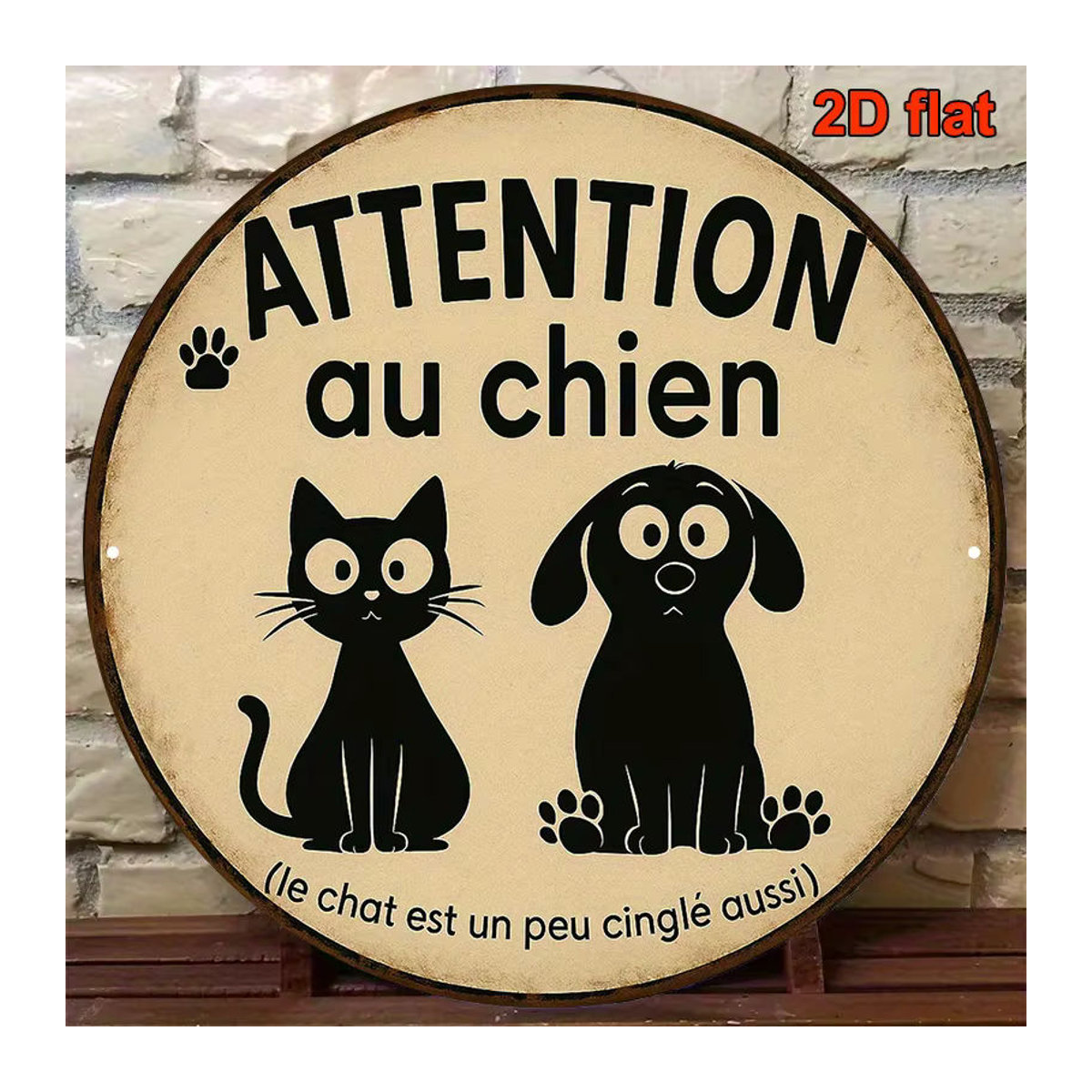 Potdemiel Warnschild Attention Au Chien in Beige, rundes Vintage Haustier-Alarmschild aus Metall mit Pfotenabdrücken, Durchmesser: 20,3 cm - Bild 4