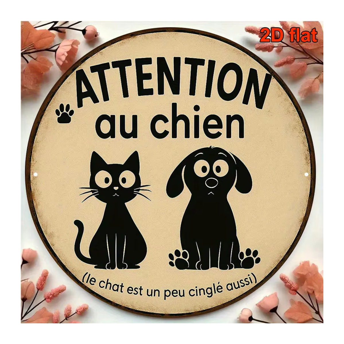 Potdemiel Warnschild Attention Au Chien in Beige, rundes Vintage Haustier-Alarmschild aus Metall mit Pfotenabdrücken, Durchmesser: 20,3 cm - Bild 5