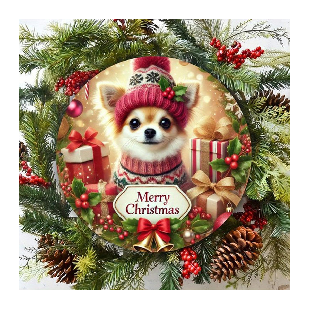 Potdemiel Weihnachts-Chihuahua Metallkunst Rundplatte Vintage Wanddekoration, Durchmesser: 20,3 cm, mehrfarbig - Bild 1
