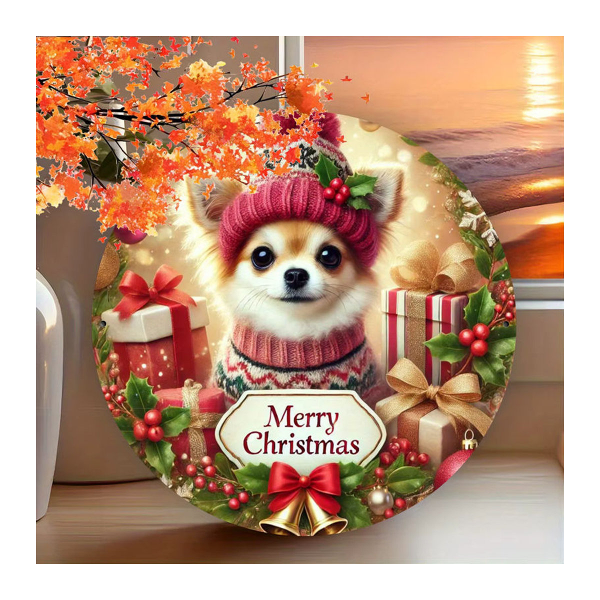 Potdemiel Weihnachts-Chihuahua Metallkunst Rundplatte Vintage Wanddekoration, Durchmesser: 20,3 cm, mehrfarbig - Bild 3