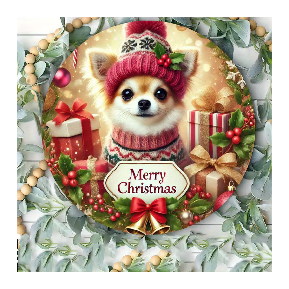 Potdemiel Weihnachts-Chihuahua Metallkunst Rundplatte Vintage Wanddekoration, Durchmesser: 20,3 cm, mehrfarbig - Bild 4