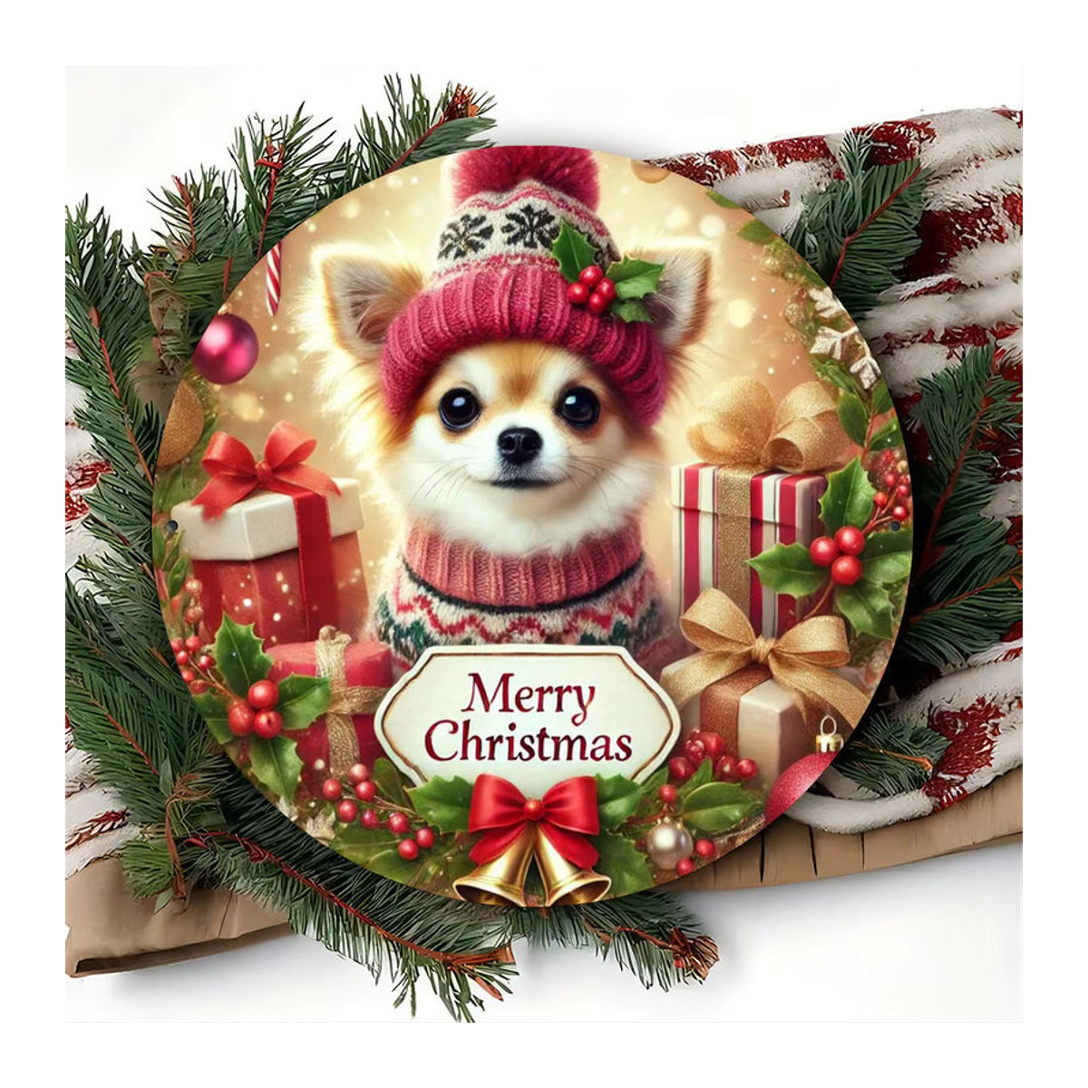 Potdemiel Weihnachts-Chihuahua Metallkunst Rundplatte Vintage Wanddekoration, Durchmesser: 20,3 cm, mehrfarbig - Bild 5