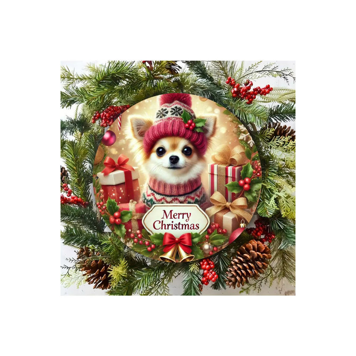 Potdemiel Weihnachts-Chihuahua Metallkunst Rundplatte Vintage Wanddekoration, Durchmesser: 20,3 cm, mehrfarbig - Bild 6