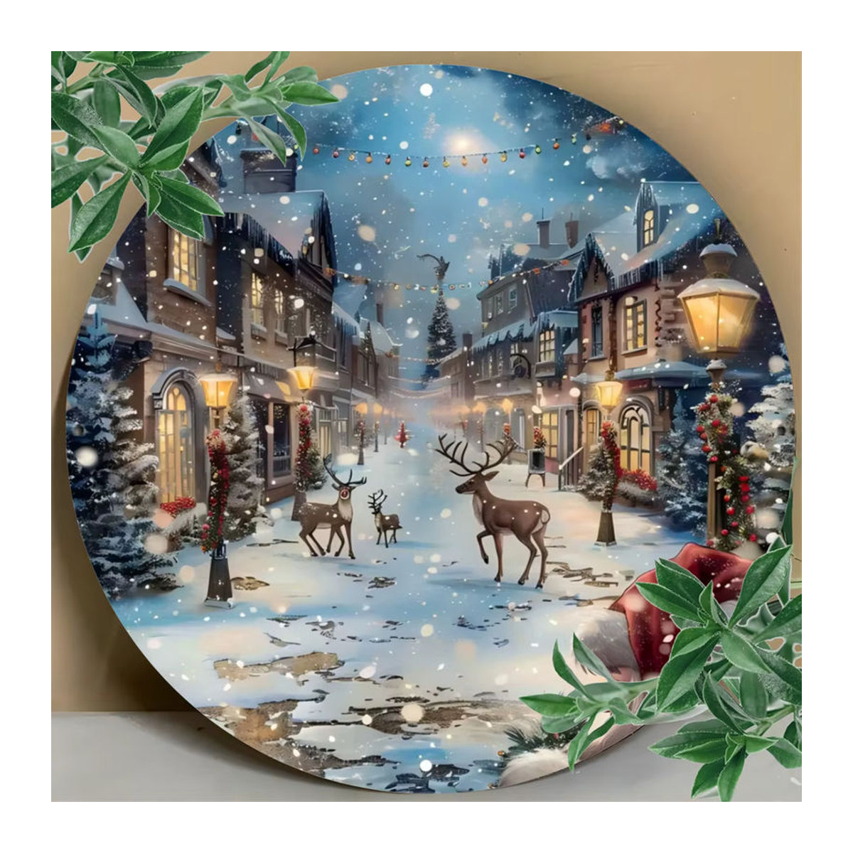 Potdemiel Weihnachtsanhänger aus Metall mit Weihnachtsmann und Rentier als runde Wanddekoration, mehrfarbig, Durchmesser: 20,3 cm - Bild 4