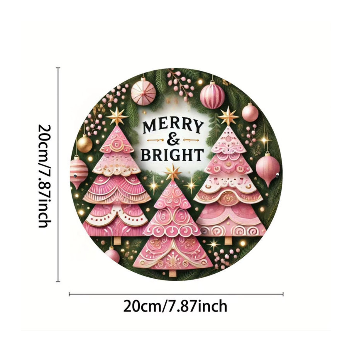 Potdemiel Weihnachtskranz aus Metall in Rosa, runder Metallschild mit Weihnachtsmotiv für Landhaus-Dekoration - Bild 2