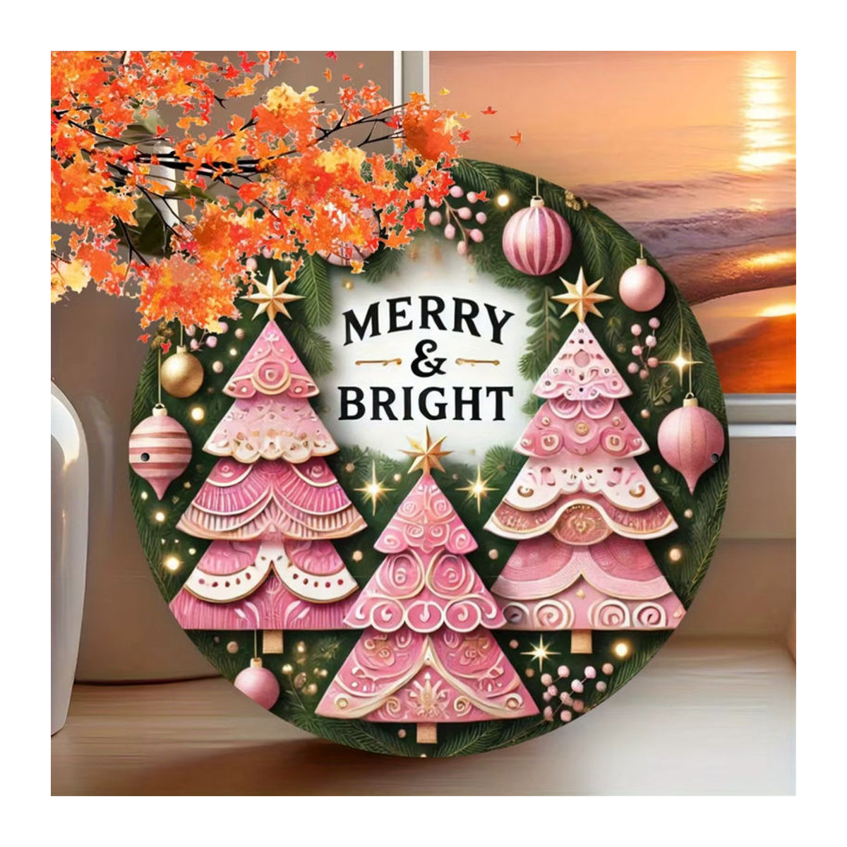 Potdemiel Weihnachtskranz aus Metall in Rosa, runder Metallschild mit Weihnachtsmotiv für Landhaus-Dekoration - Bild 3