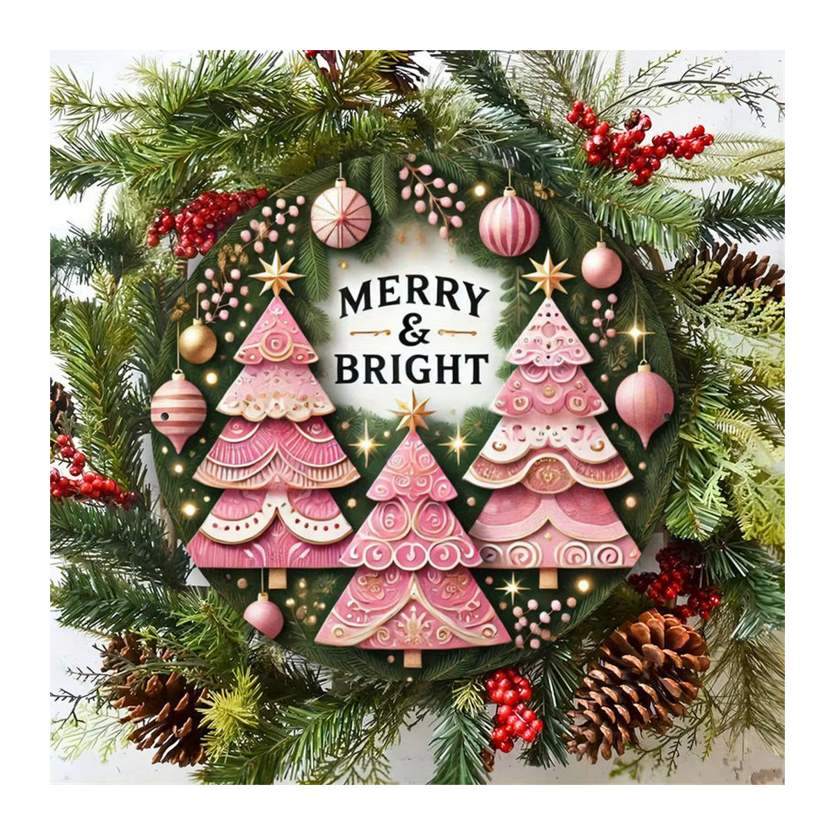 Potdemiel Weihnachtskranz aus Metall in Rosa, runder Metallschild mit Weihnachtsmotiv für Landhaus-Dekoration - Bild 4