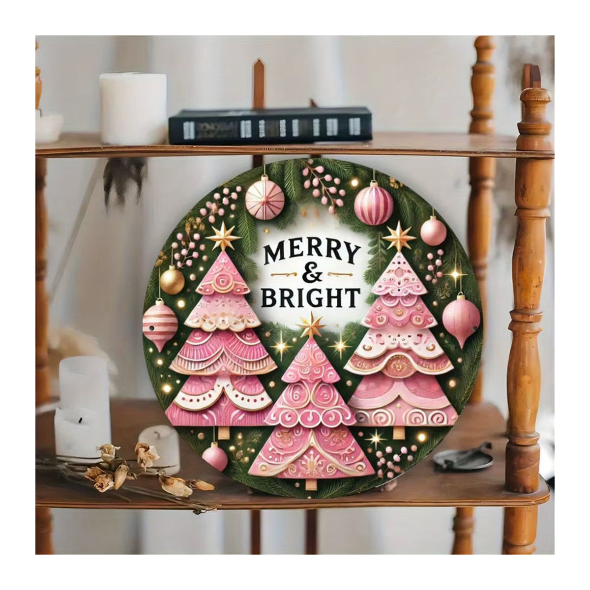Potdemiel Weihnachtskranz aus Metall in Rosa, runder Metallschild mit Weihnachtsmotiv für Landhaus-Dekoration - Bild 5