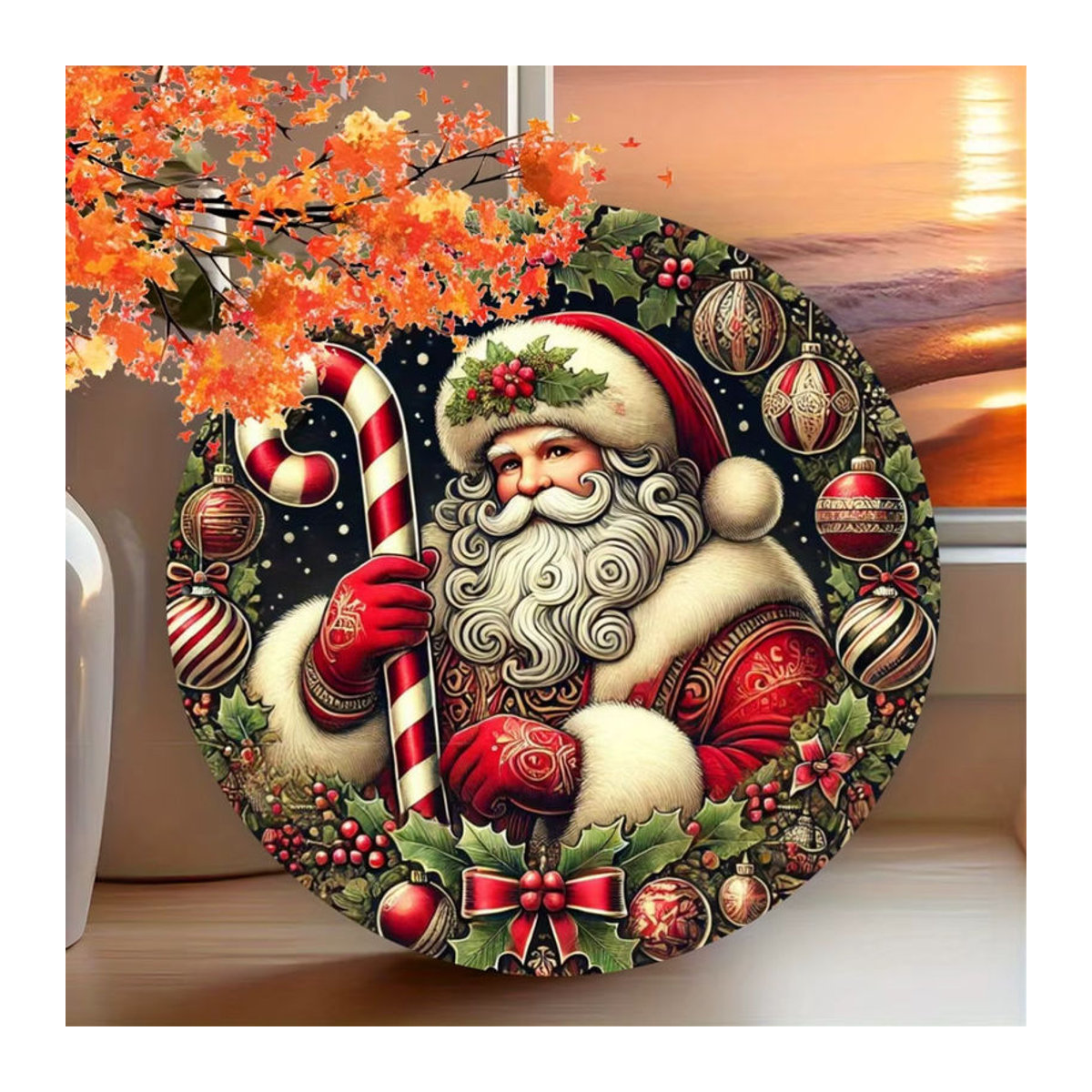 Potdemiel Weihnachtsmann Rundes Metallschild im Vintage-Stil, Mehrfarbige Wanddekoration aus Eisen für Weihnachten - Bild 3