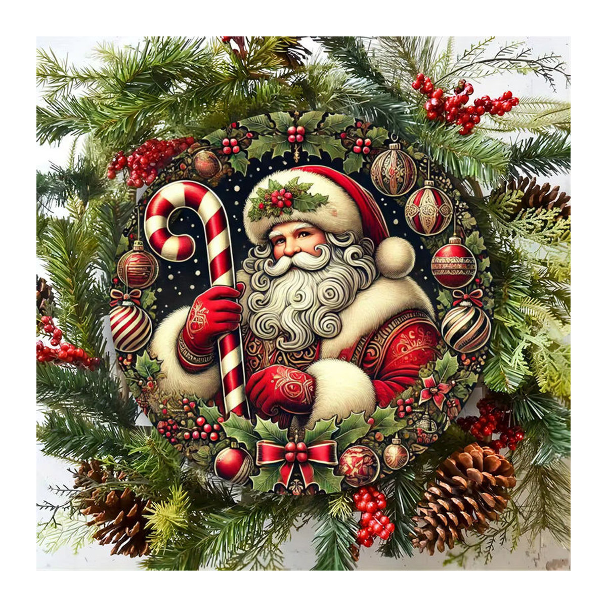 Potdemiel Weihnachtsmann Rundes Metallschild im Vintage-Stil, Mehrfarbige Wanddekoration aus Eisen für Weihnachten - Bild 4