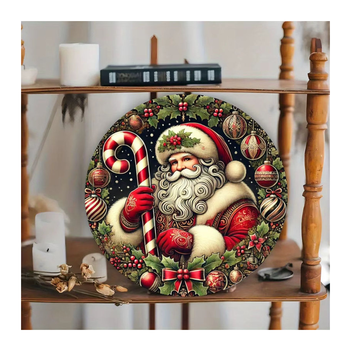 Potdemiel Weihnachtsmann Rundes Metallschild im Vintage-Stil, Mehrfarbige Wanddekoration aus Eisen für Weihnachten - Bild 5