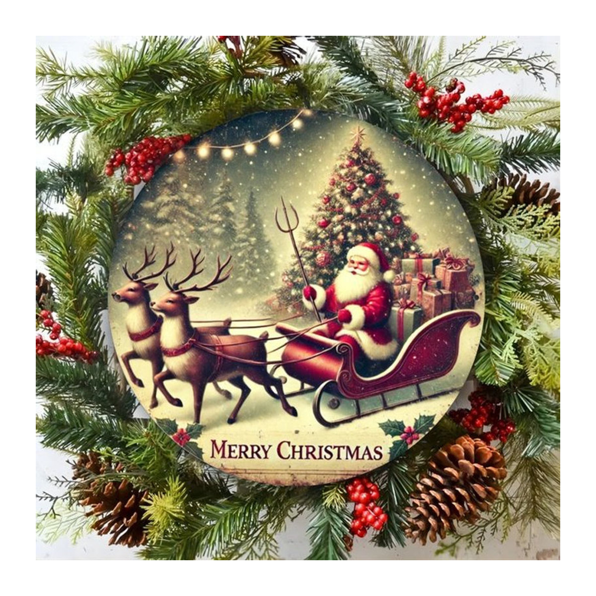 Potdemiel Weihnachtsmann-Schlitten Wandkunst aus Metall, rundes Eisenschild mit Merry Christmas Design, mehrfarbig, Durchmesser: 20,3 cm - Bild 1
