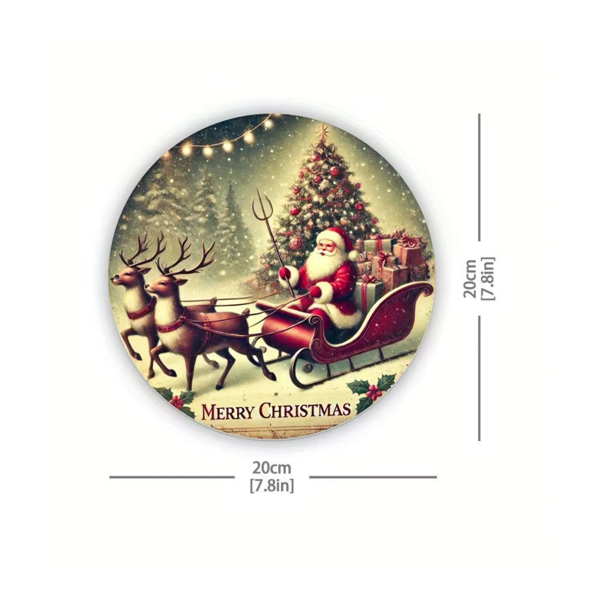 Potdemiel Weihnachtsmann-Schlitten Wandkunst aus Metall, rundes Eisenschild mit Merry Christmas Design, mehrfarbig, Durchmesser: 20,3 cm - Bild 2