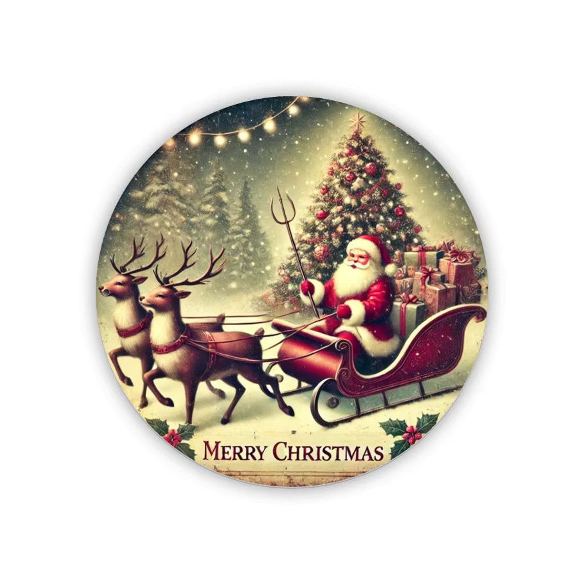 Potdemiel Weihnachtsmann-Schlitten Wandkunst aus Metall, rundes Eisenschild mit Merry Christmas Design, mehrfarbig, Durchmesser: 20,3 cm - Bild 3