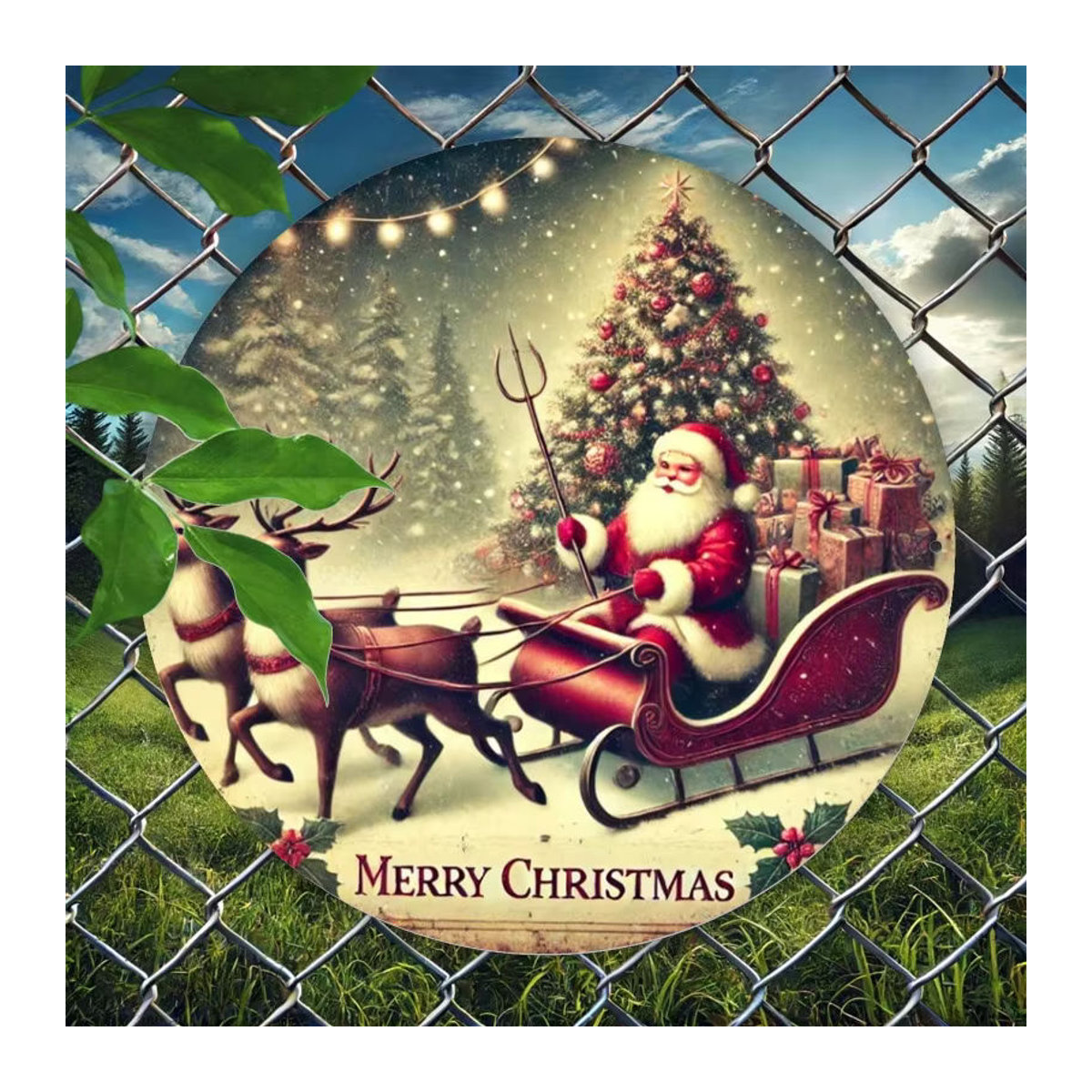Potdemiel Weihnachtsmann-Schlitten Wandkunst aus Metall, rundes Eisenschild mit Merry Christmas Design, mehrfarbig, Durchmesser: 20,3 cm - Bild 4