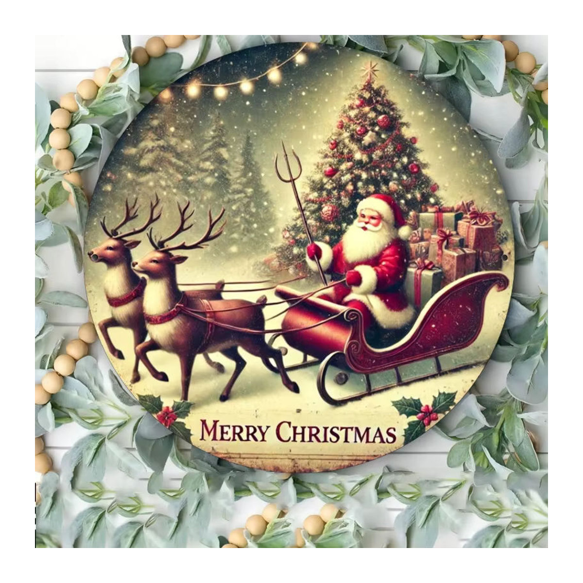 Potdemiel Weihnachtsmann-Schlitten Wandkunst aus Metall, rundes Eisenschild mit Merry Christmas Design, mehrfarbig, Durchmesser: 20,3 cm - Bild 5