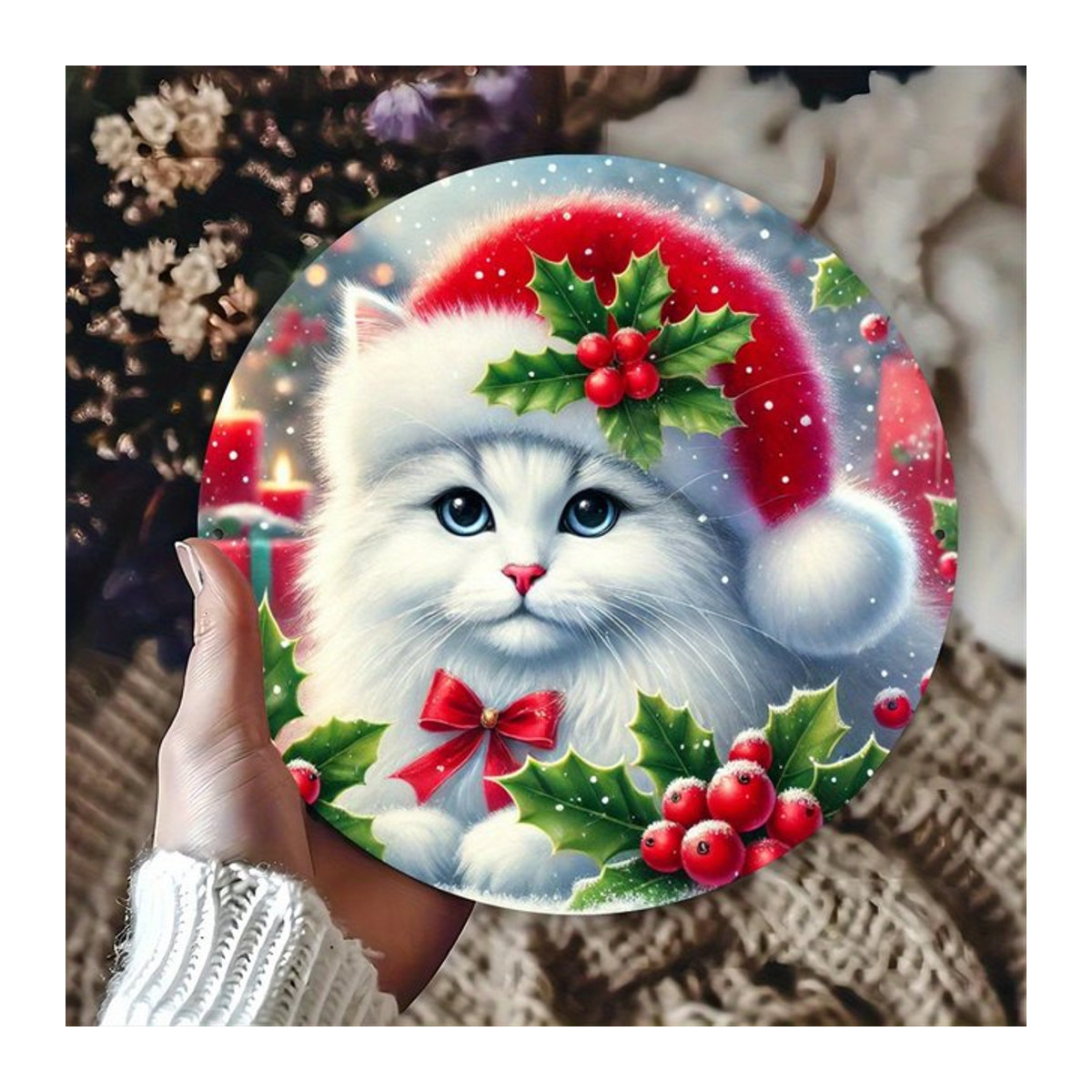 Potdemiel Weihnachtsschild aus Metall rund mit Katze und Stechpalme, Vintage Wanddekoration, Durchmesser: 20 cm - Bild 1