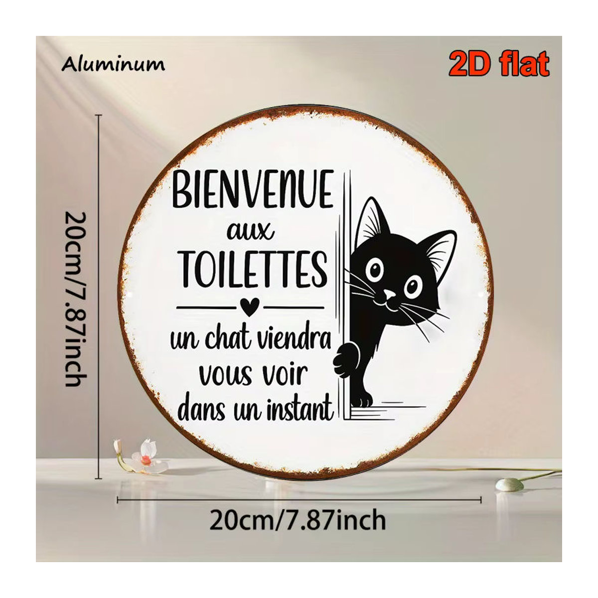 Potdemiel Willkommensschild Französische Katze rund aus Metall, zweisprachiges Badezimmerschild in Schwarz und Weiß, Durchmesser: 20,3 cm - Bild 2