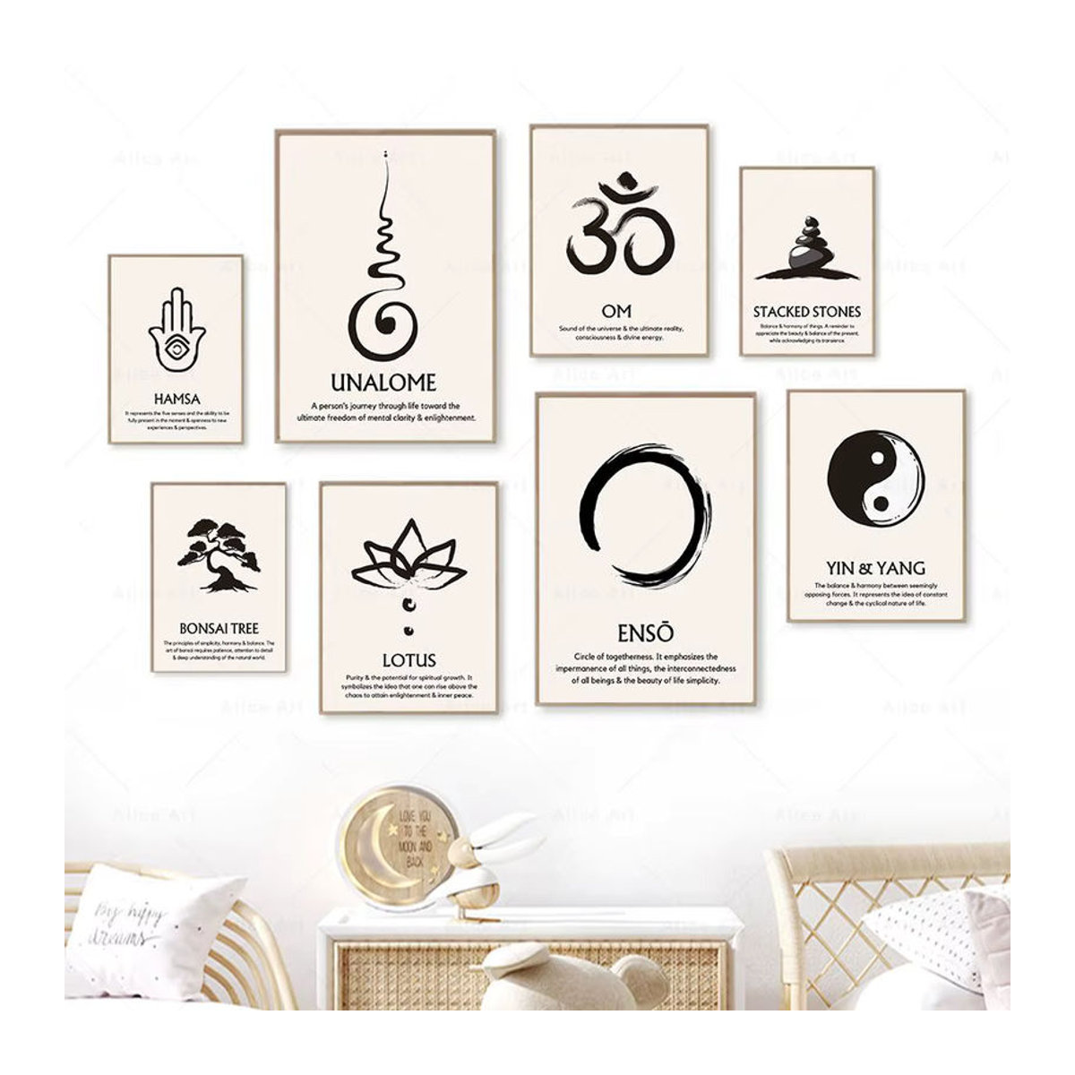 Potdemiel Zen-Symbole Wandkunst Leinwandgemälde Abstrakt Schwarz Minimalistisch - Bild 1