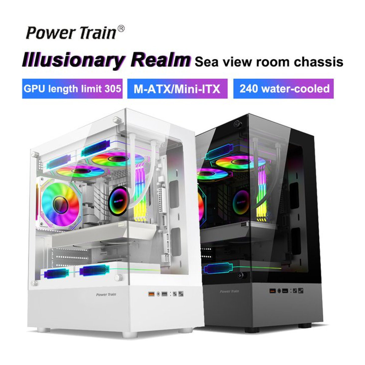 Power Train Illusionary Realm Computer-Gehäuse Schwarz Transparent mit Glas-Seitenteil für M-ATX/ITX und 240mm Wasserkühlung - Bild 1