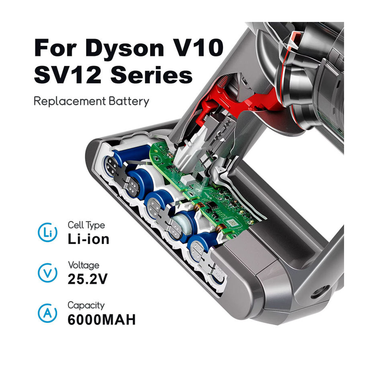 Powtree Ersatzakku für Dyson V10 Total Clean und V10 Cyclone Series SV12, 25,2 V, 6000 mAh, Schwarz - Bild 2
