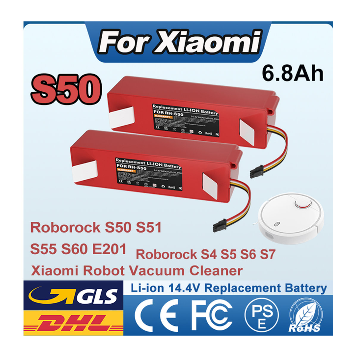 Powtree Ersatzakku für Xiaomi Roborock Roboter-Staubsauger S5 S4 S50 S51 S55 S60 S6 S7, 14,4 V Li-Ion, 6,8 Ah, Rot - Bild 1