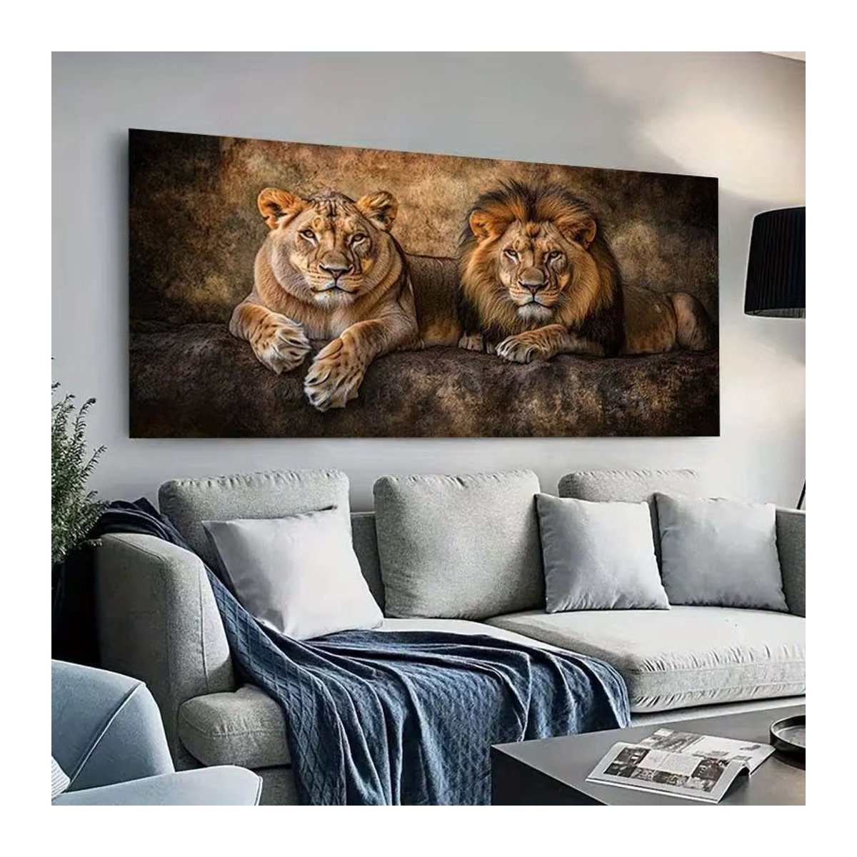 Prächtiges Löwe und Löwin Leinwandgemälde als mehrfarbige Tierkunst im Querformat zur Wanddekoration - Bild 3