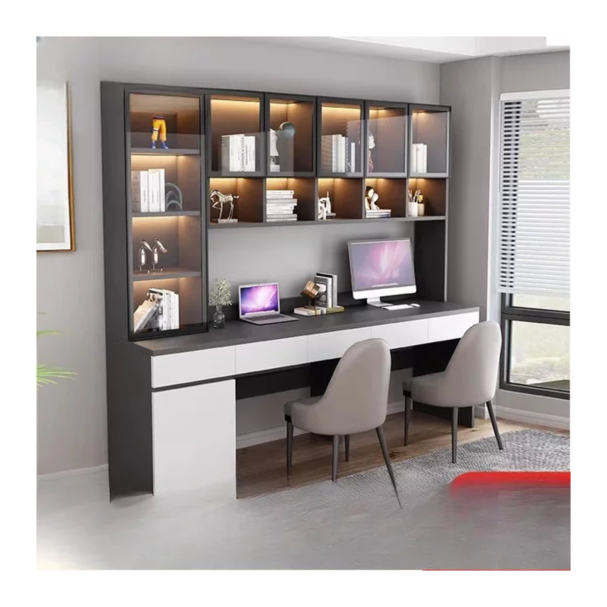 Premium-Doppelschreibtisch mit integriertem Glas-Bücherregal in Schwarz/Weiß für dein Homeoffice - Bild 1