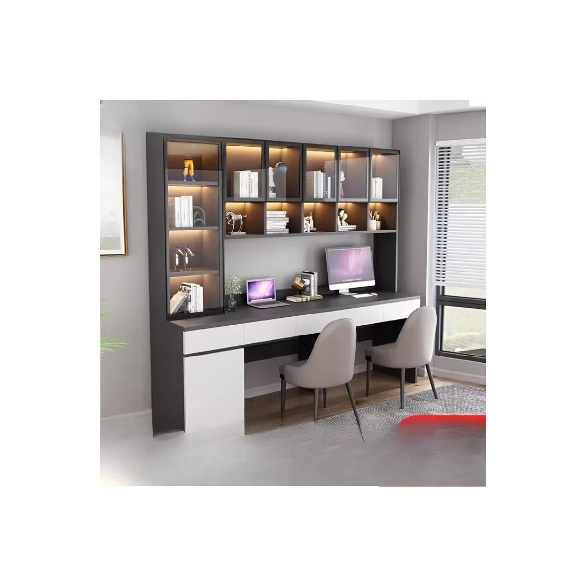 Premium-Doppelschreibtisch mit integriertem Glas-Bücherregal in Schwarz/Weiß für dein Homeoffice - Bild 4