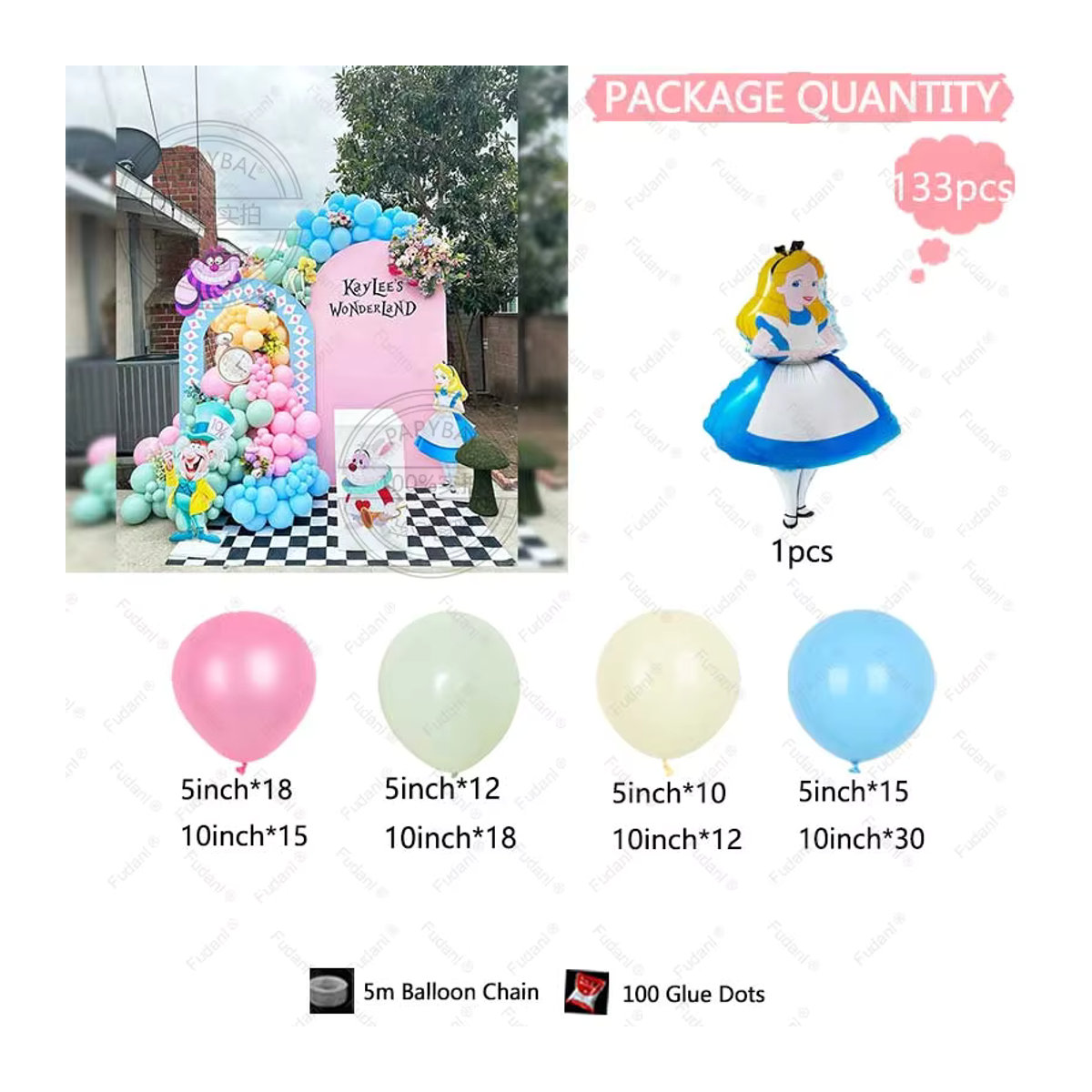 Prinzessin Folienballon Set für Mädchen Geburtstag Dekoration Alice im Wunderland Thema Mehrfarbig - Bild 2