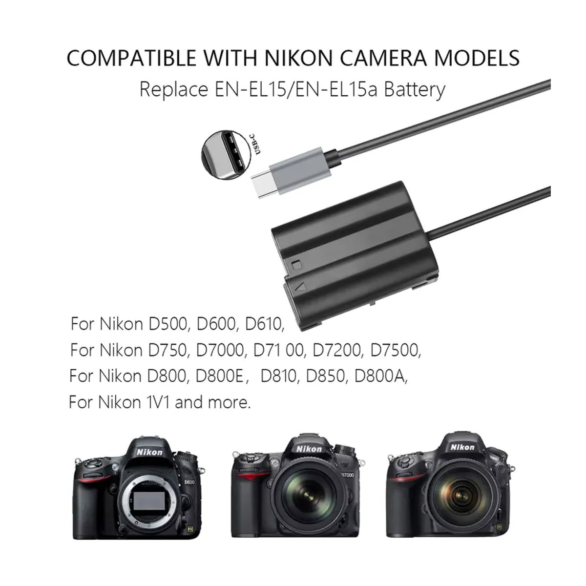 Probty USB-C-Netzteilanschluss EP-5B EN-EL15 Dummy-Akku-Set für Nikon Z5, Z6, Z6 II, Z7, Z7 II, Z8, D500, D610, D750, D780, D800 in Schwarz - Bild 5