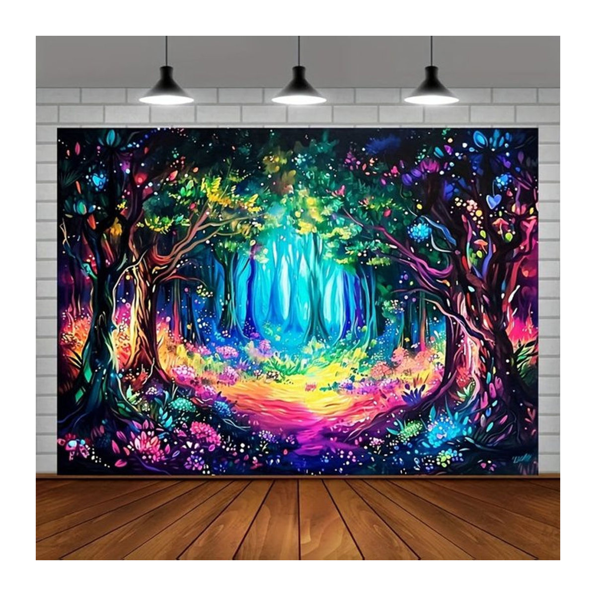 Psychedelischer Wandbehang aus Textil mit magischem Wald und Neon-Blumen-Motiv in Blau und Mehrfarbig - Bild 1