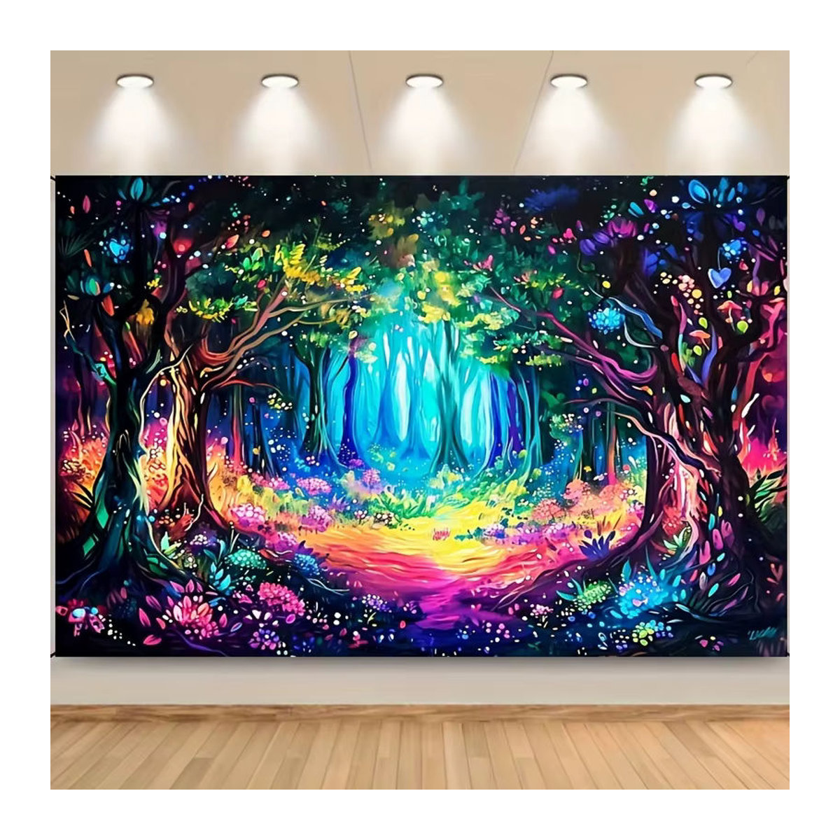 Psychedelischer Wandbehang aus Textil mit magischem Wald und Neon-Blumen-Motiv in Blau und Mehrfarbig - Bild 2