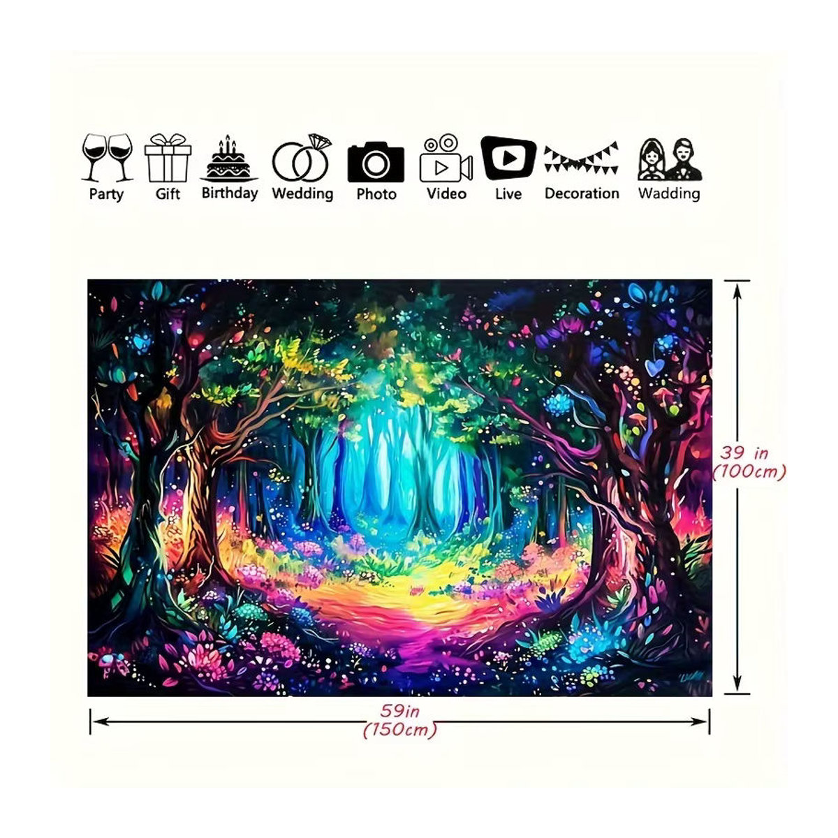 Psychedelischer Wandbehang aus Textil mit magischem Wald und Neon-Blumen-Motiv in Blau und Mehrfarbig - Bild 3