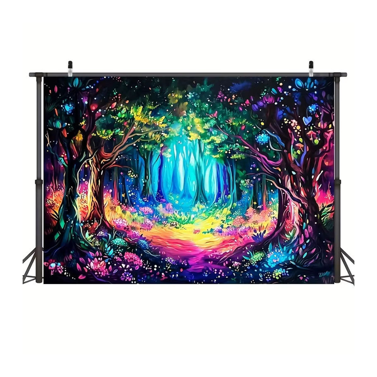 Psychedelischer Wandbehang aus Textil mit magischem Wald und Neon-Blumen-Motiv in Blau und Mehrfarbig - Bild 4
