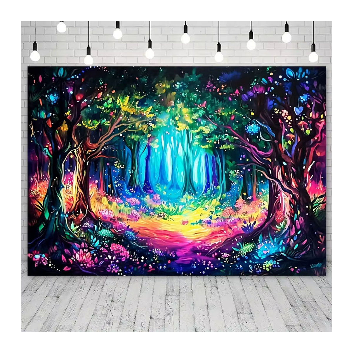 Psychedelischer Wandbehang aus Textil mit magischem Wald und Neon-Blumen-Motiv in Blau und Mehrfarbig - Bild 5
