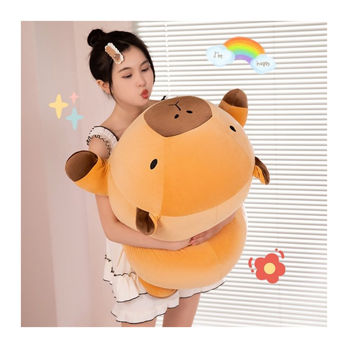 PUNIDAMAN Capybara Plüschkissen rund in Braun und Orange als Kawaii Kuscheltier Bolster - Bild 1